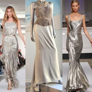 *□$8,000 OSCAR DE LA RENTA SILK GLOWING BEAUTY GOLDEN BEAD RUNWAY GOWN US 10